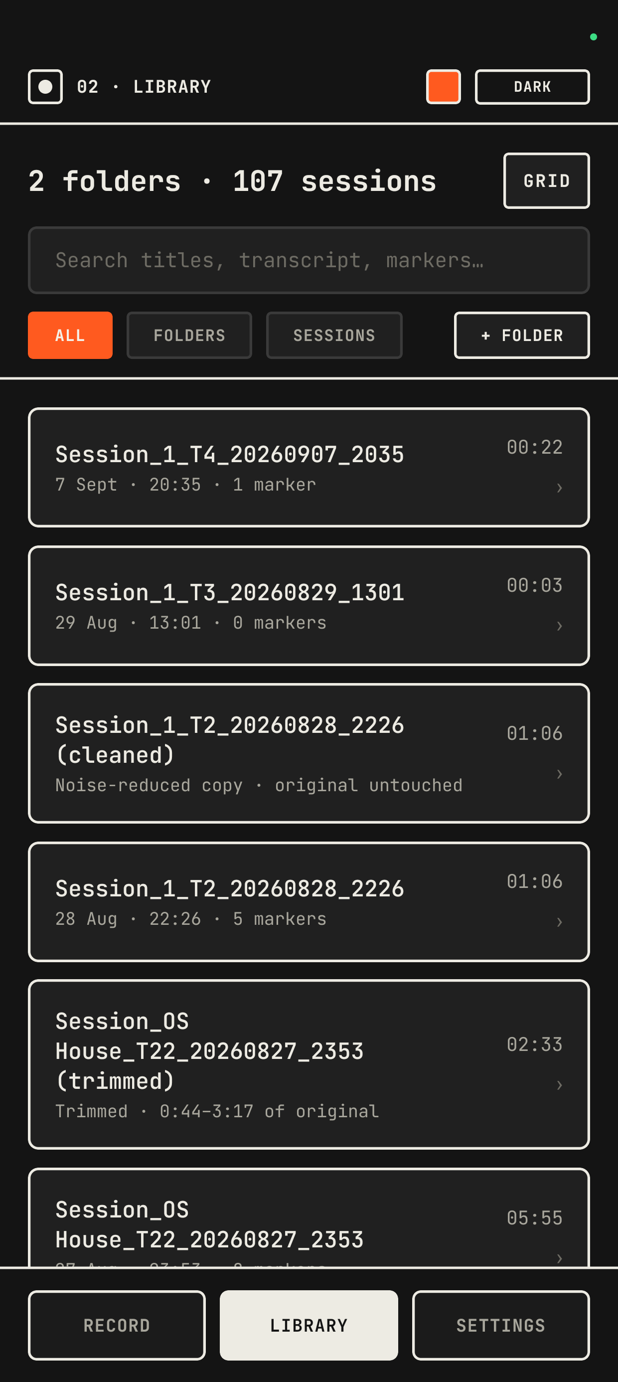 Library screen listing recorded sessions with durations and marker counts