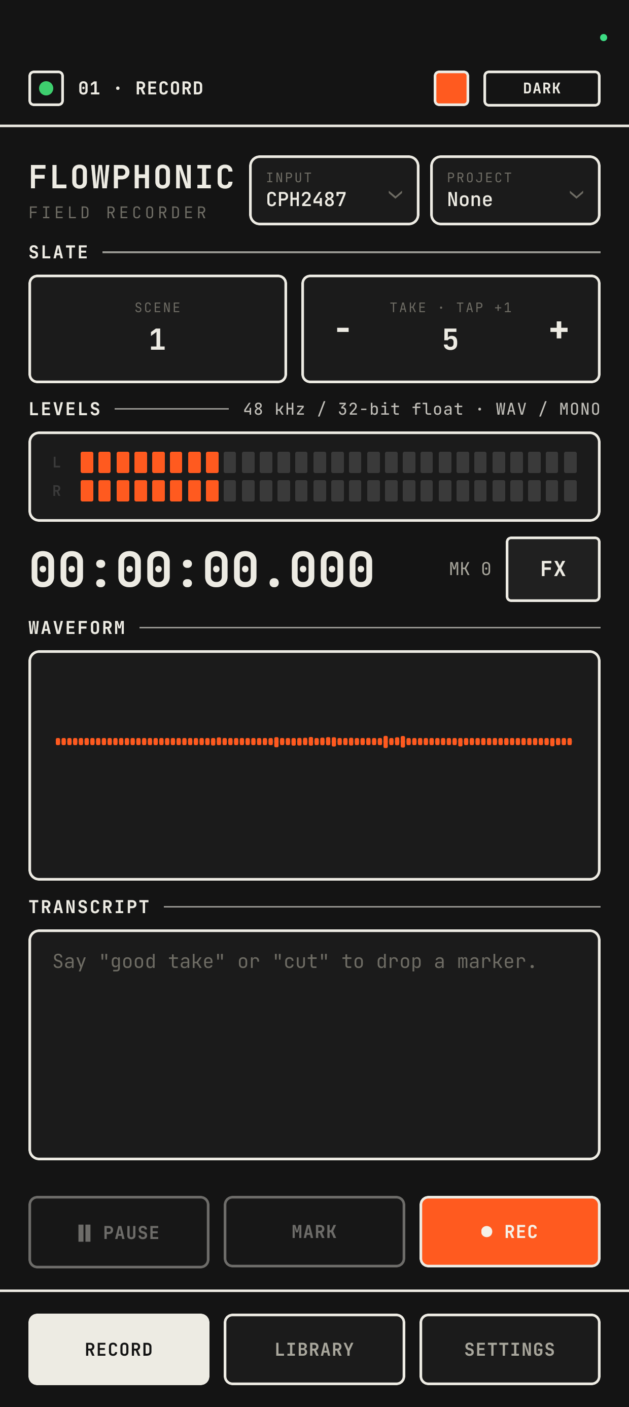 Recording screen showing live level meters, a waveform, and a running timecode